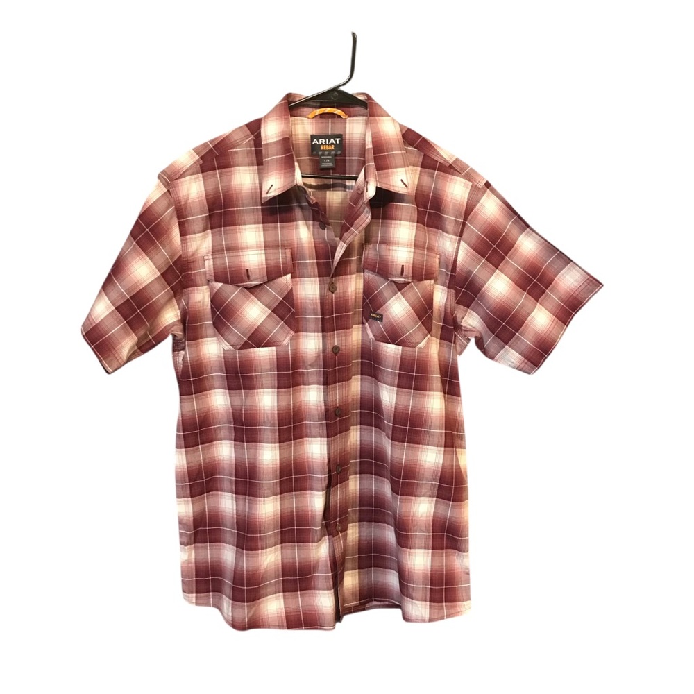 Ariat Rebar Work Shirt Men L Burgundy Red Plaid Short Sleeve Button Front Cotton